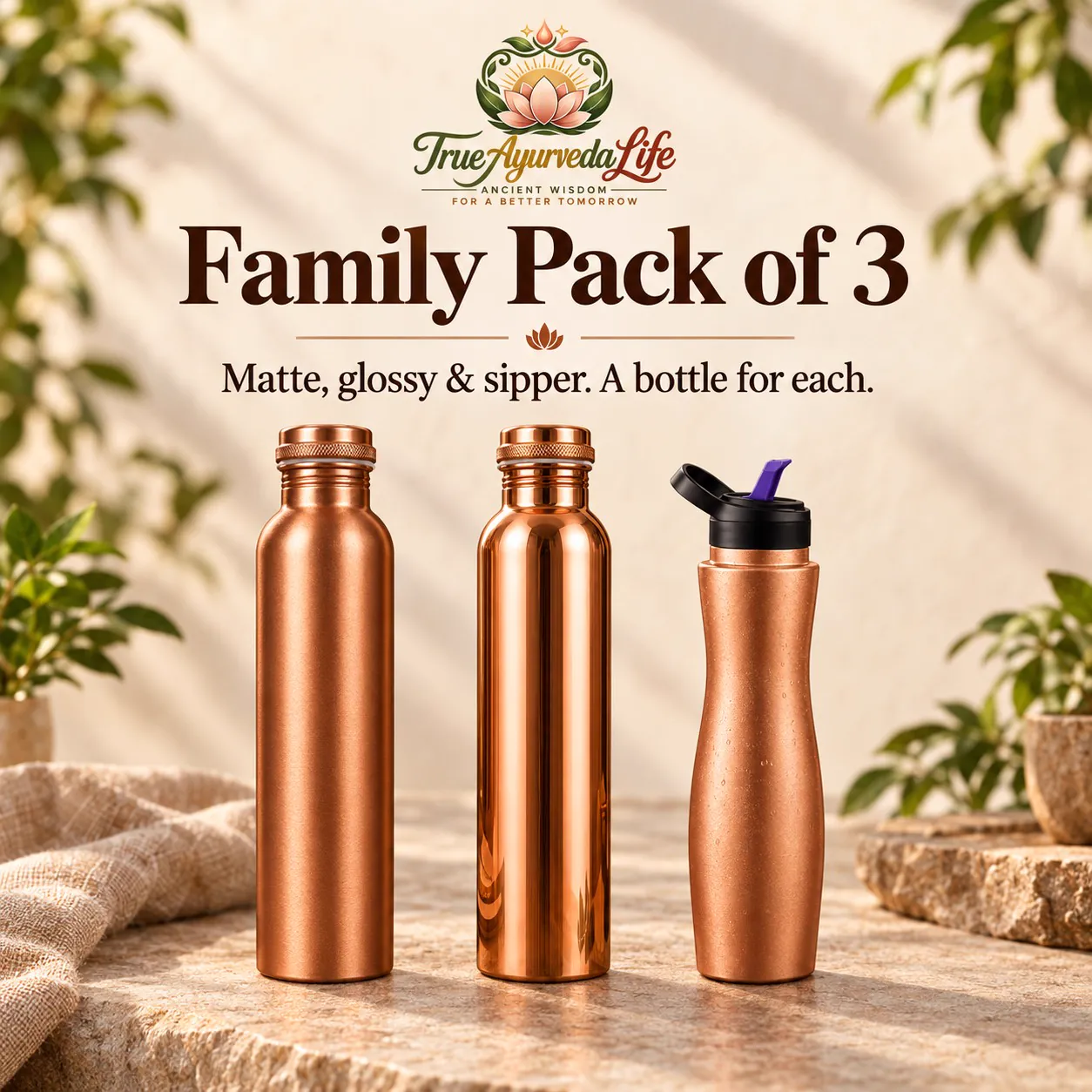 Copper Water Bottle Family Pack of 3 — Matte, Glossy & Sipper 1 Litre