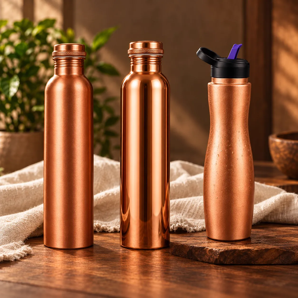 Copper Water Bottle Family Pack of 3 — Matte, Glossy & Sipper 1 Litre — close-up detail