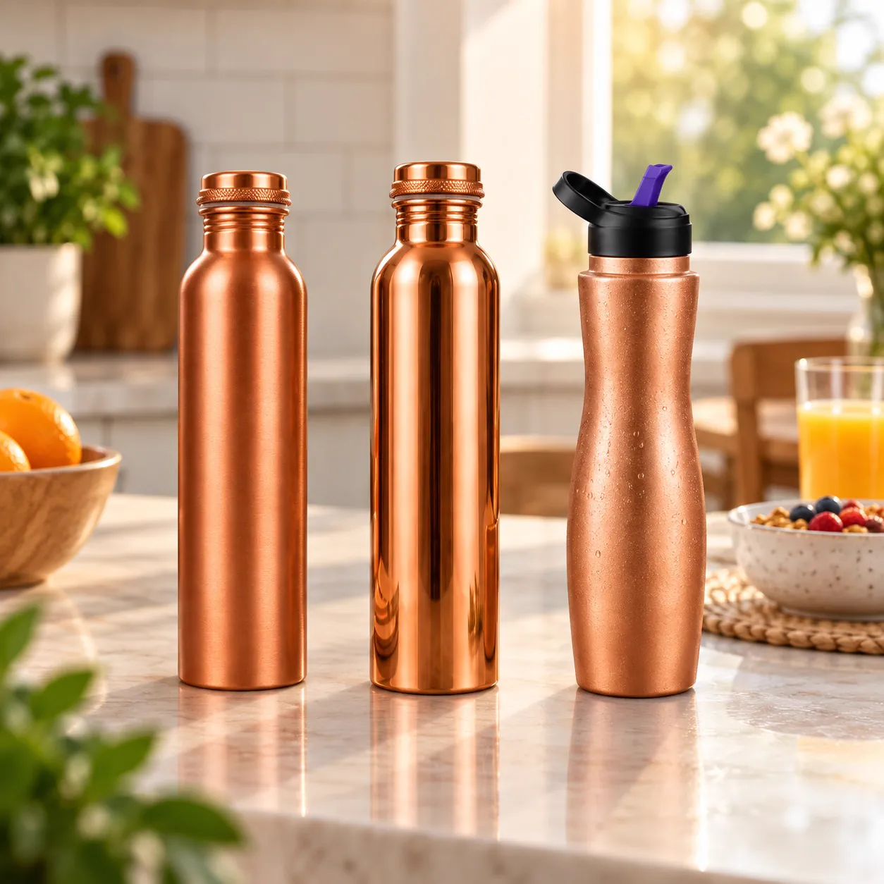 Copper Water Bottle Family Pack of 3 — Matte, Glossy & Sipper 1 Litre — in everyday use