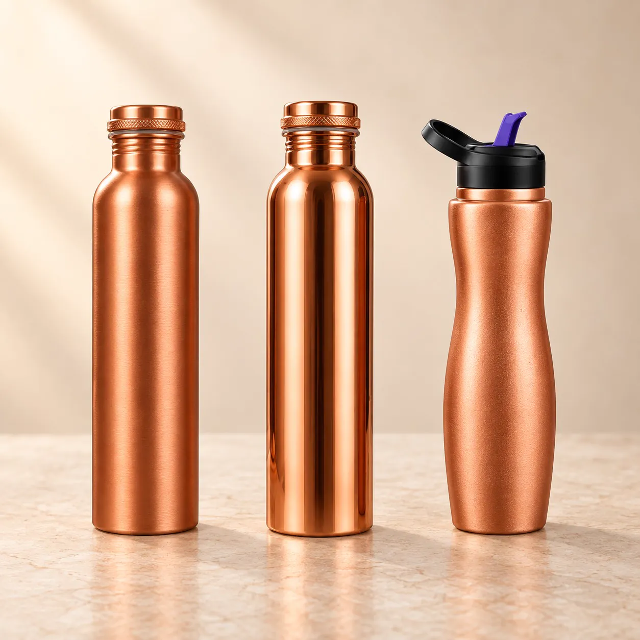Copper Water Bottle Family Pack of 3 — Matte, Glossy & Sipper 1 Litre — studio product photo