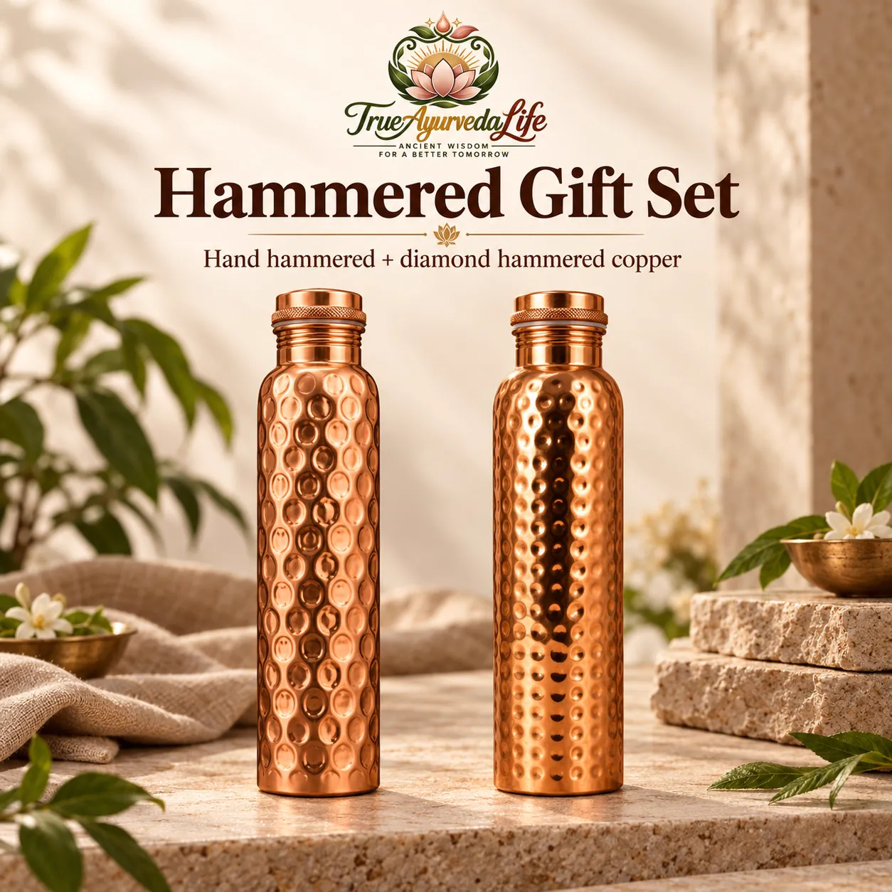 Hammered Copper Water Bottle Gift Set of 2 — Hand Hammered & Diamond Hammered 1L
