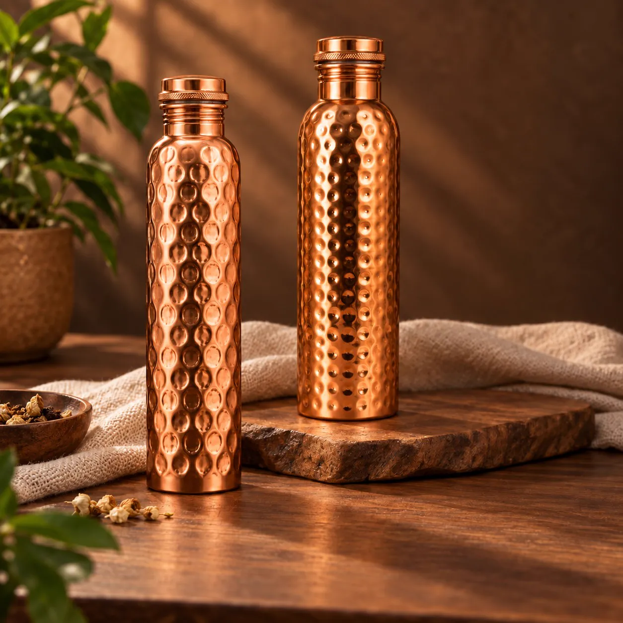 Hammered Copper Water Bottle Gift Set of 2 — Hand Hammered & Diamond Hammered 1L — close-up detail