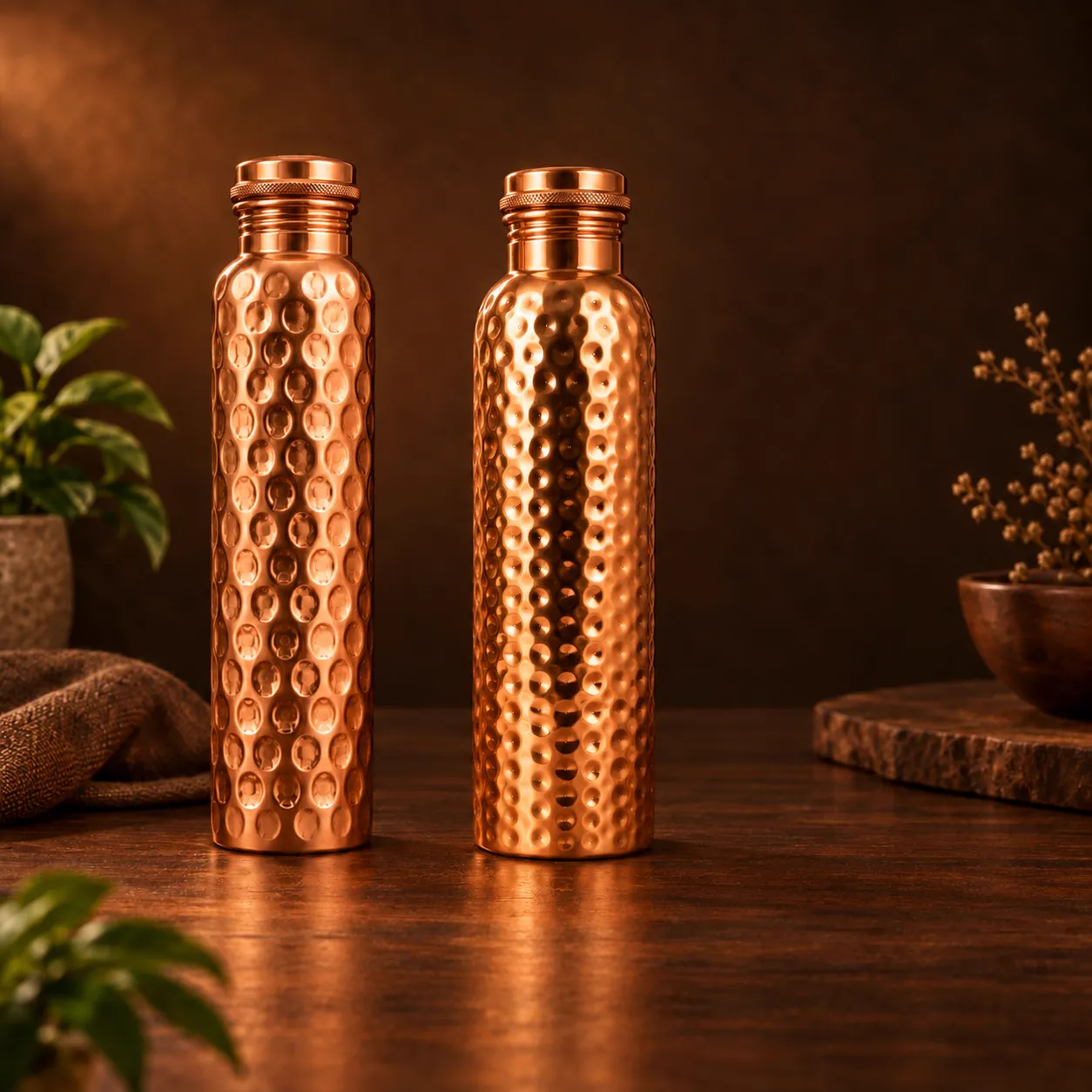 Hammered Copper Water Bottle Gift Set of 2 — Hand Hammered & Diamond Hammered 1L — in everyday use