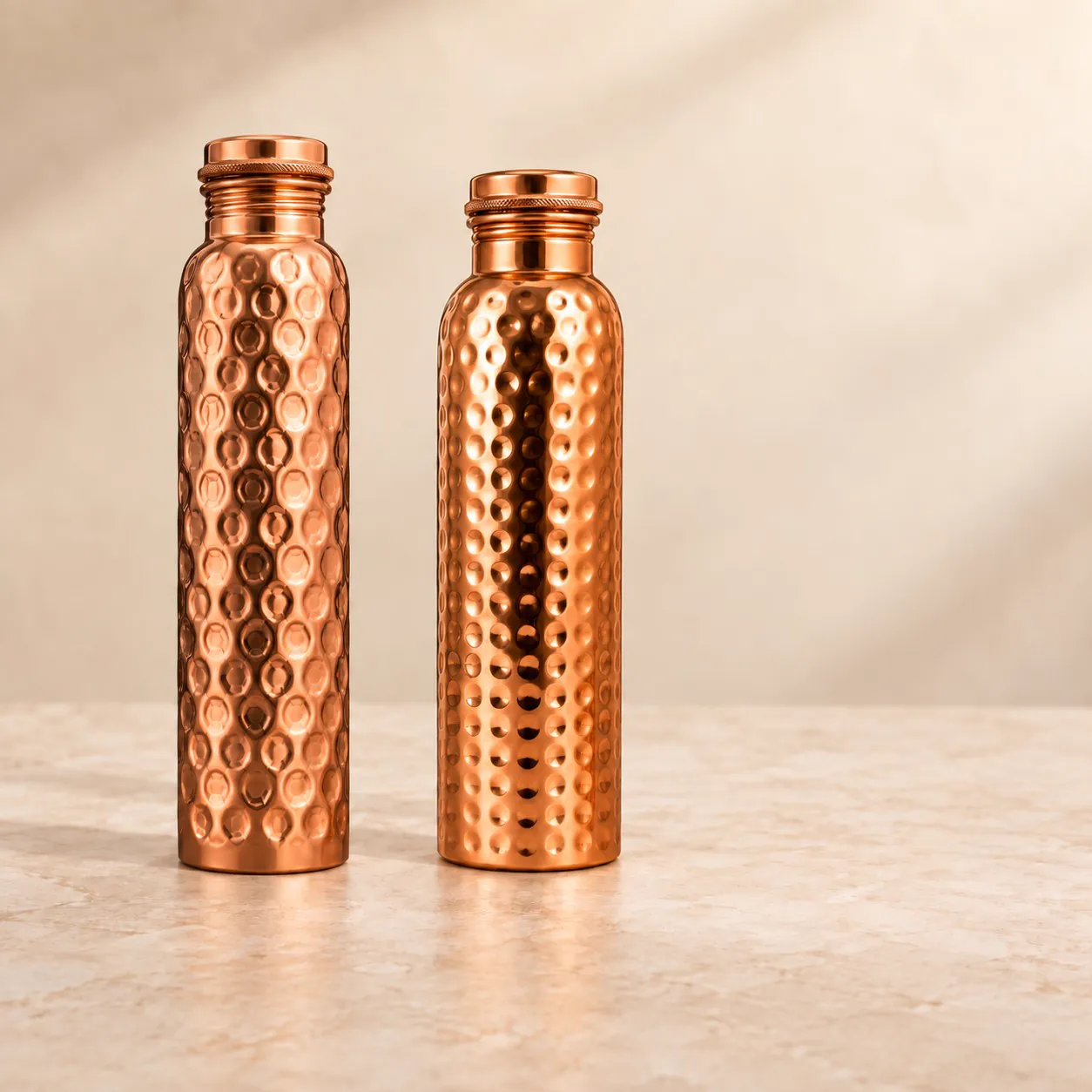 Hammered Copper Water Bottle Gift Set of 2 — Hand Hammered & Diamond Hammered 1L — studio product photo