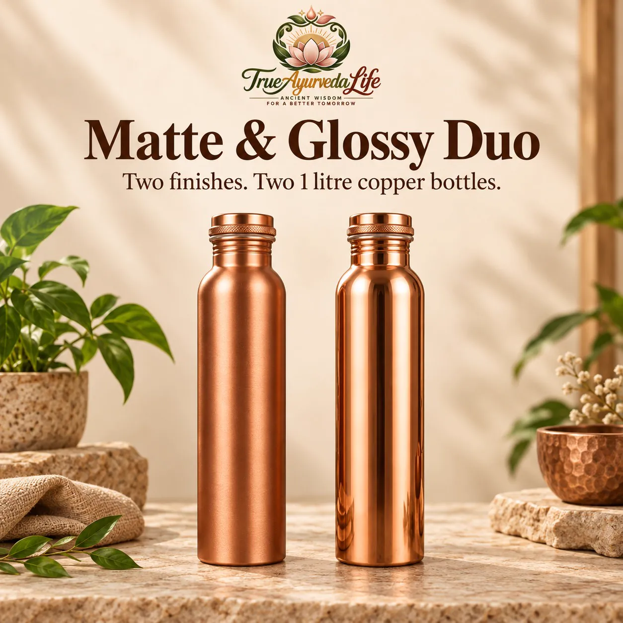 Copper Water Bottle Set of 2 — Matte & Glossy 1 Litre (His & Hers)