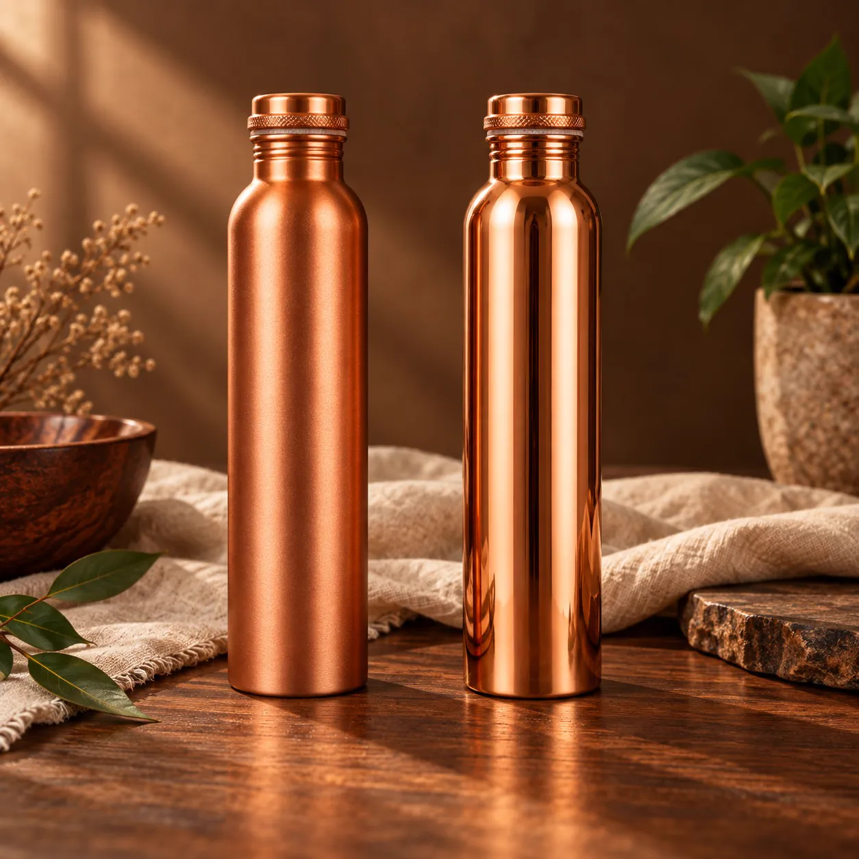 Copper Water Bottle Set of 2 — Matte & Glossy 1 Litre (His & Hers) — close-up detail