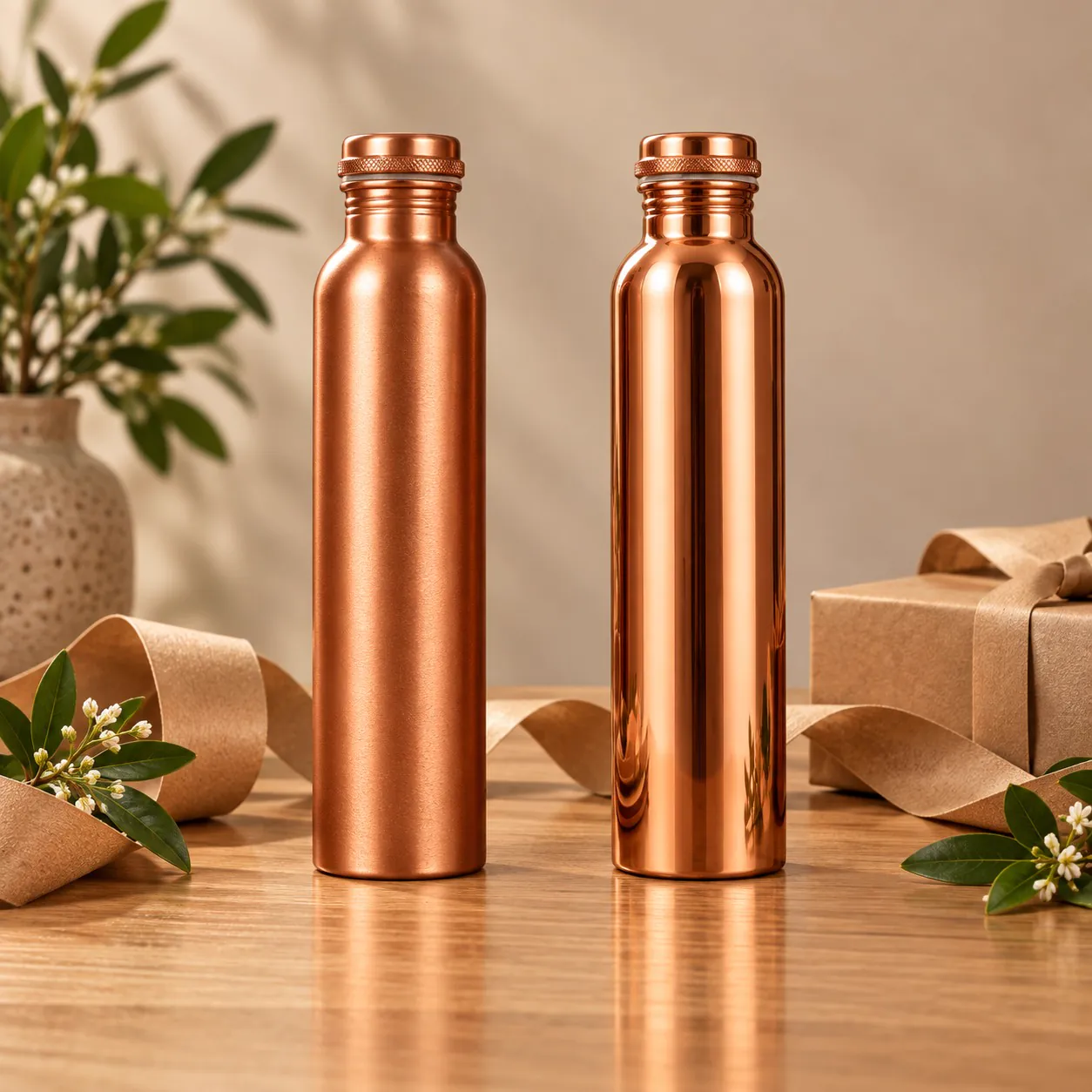 Copper Water Bottle Set of 2 — Matte & Glossy 1 Litre (His & Hers) — in everyday use