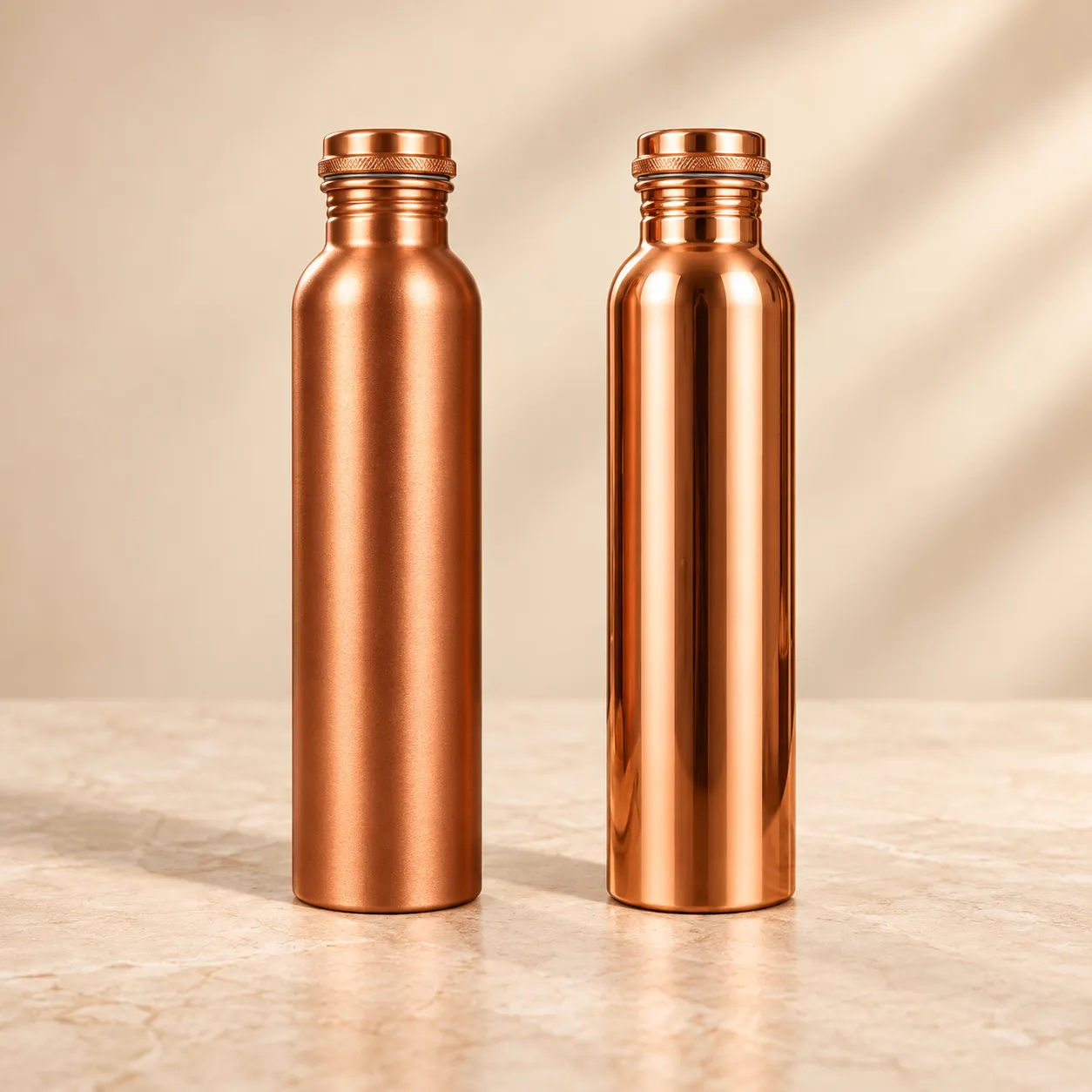 Copper Water Bottle Set of 2 — Matte & Glossy 1 Litre (His & Hers) — studio product photo