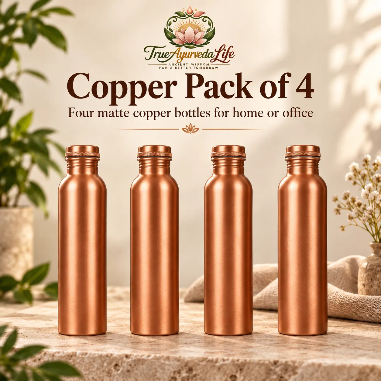 Copper Water Bottle Pack of 4 — 1 Litre Matte (Office & Family Bulk Set)