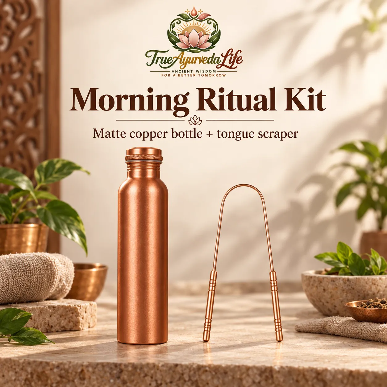 Copper Water Bottle & Tongue Scraper Set — Ayurvedic Morning Ritual Kit