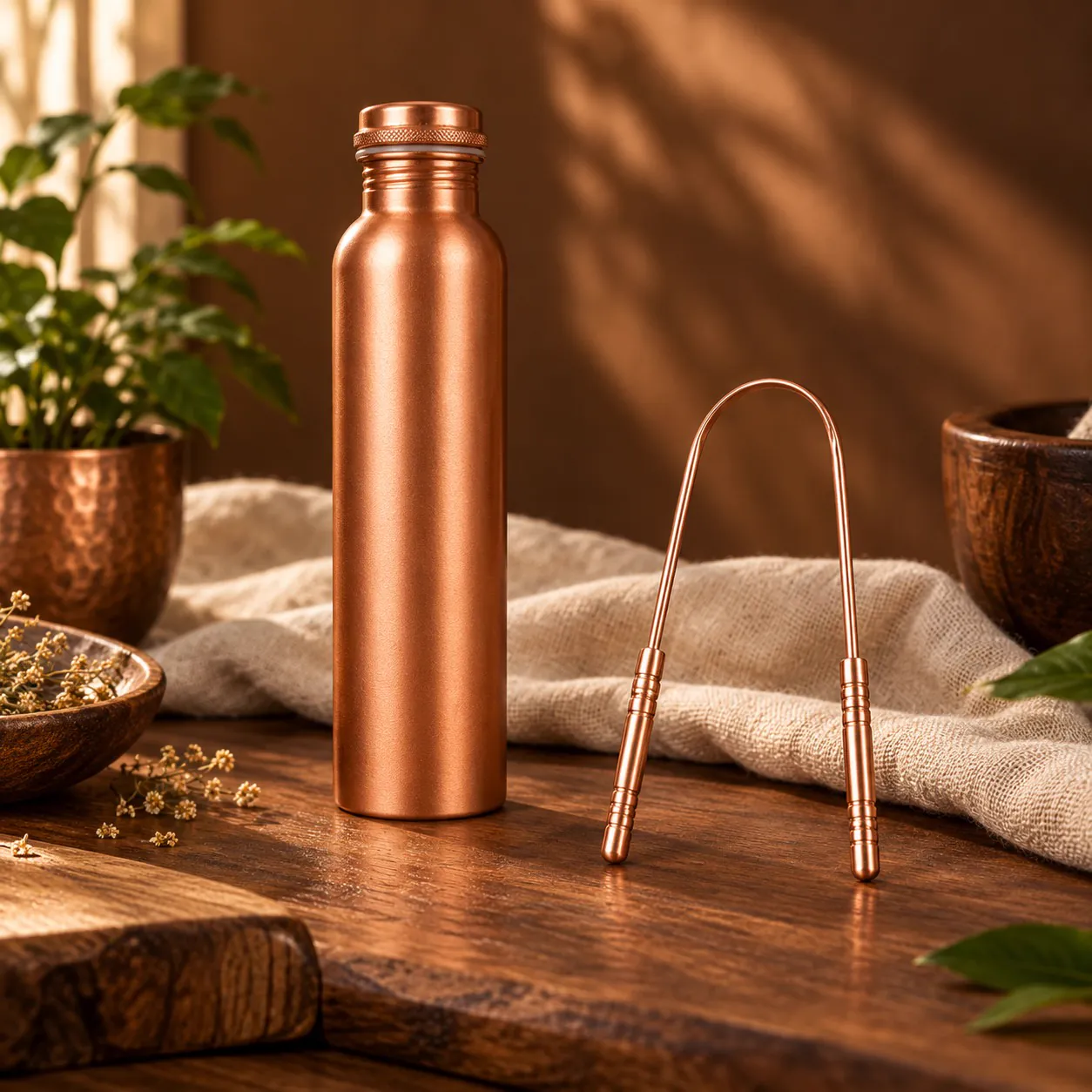 Copper Water Bottle & Tongue Scraper Set — Ayurvedic Morning Ritual Kit — close-up detail