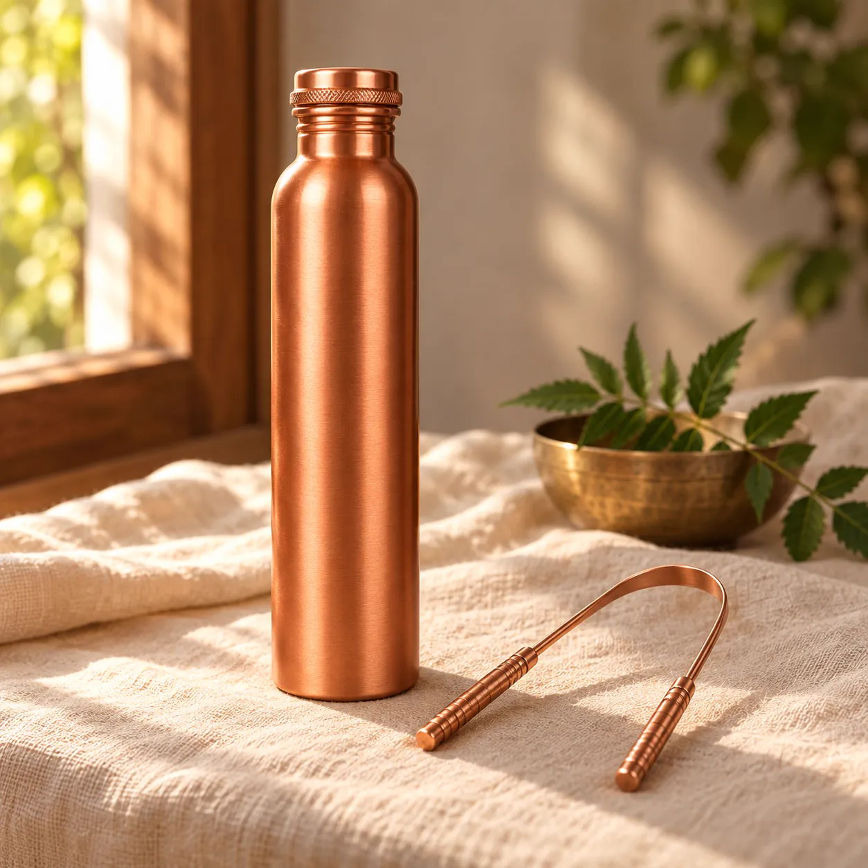 Copper Water Bottle & Tongue Scraper Set — Ayurvedic Morning Ritual Kit — in everyday use