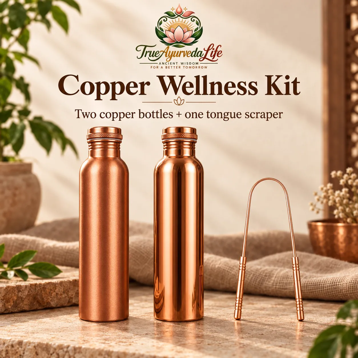 Ayurvedic Copper Wellness Kit — 2 Copper Water Bottles + Tongue Scraper