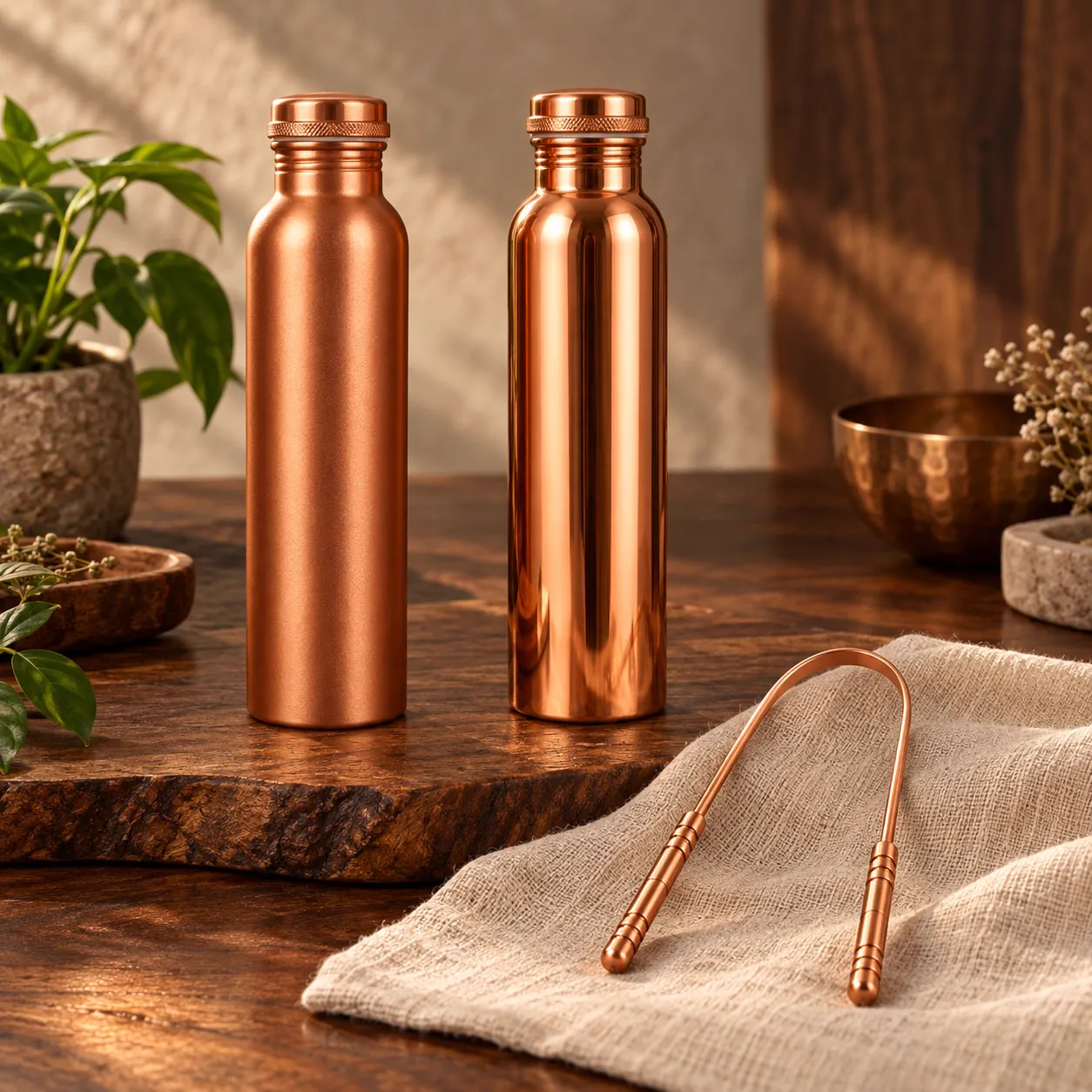 Ayurvedic Copper Wellness Kit — 2 Copper Water Bottles + Tongue Scraper — close-up detail