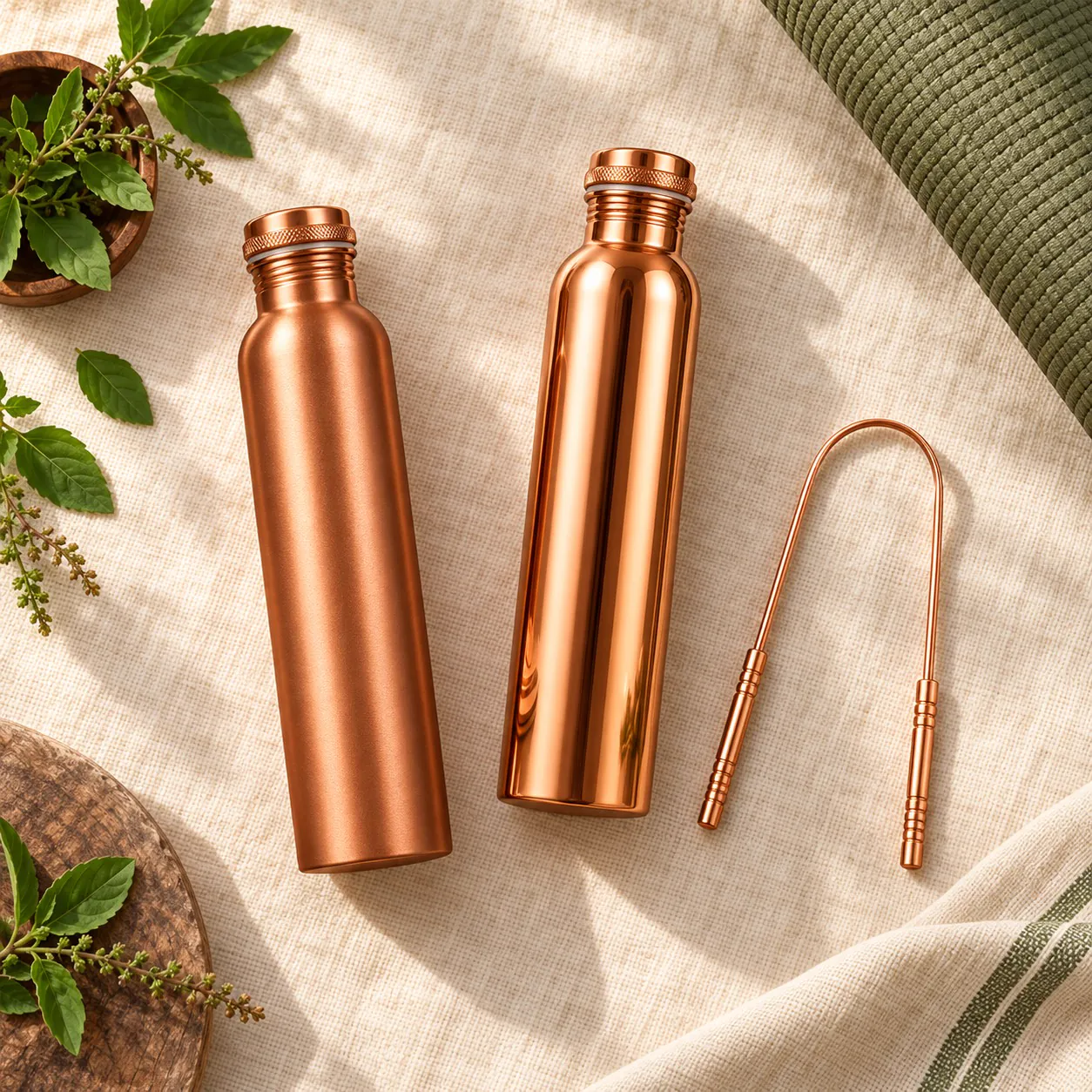 Ayurvedic Copper Wellness Kit — 2 Copper Water Bottles + Tongue Scraper — in everyday use