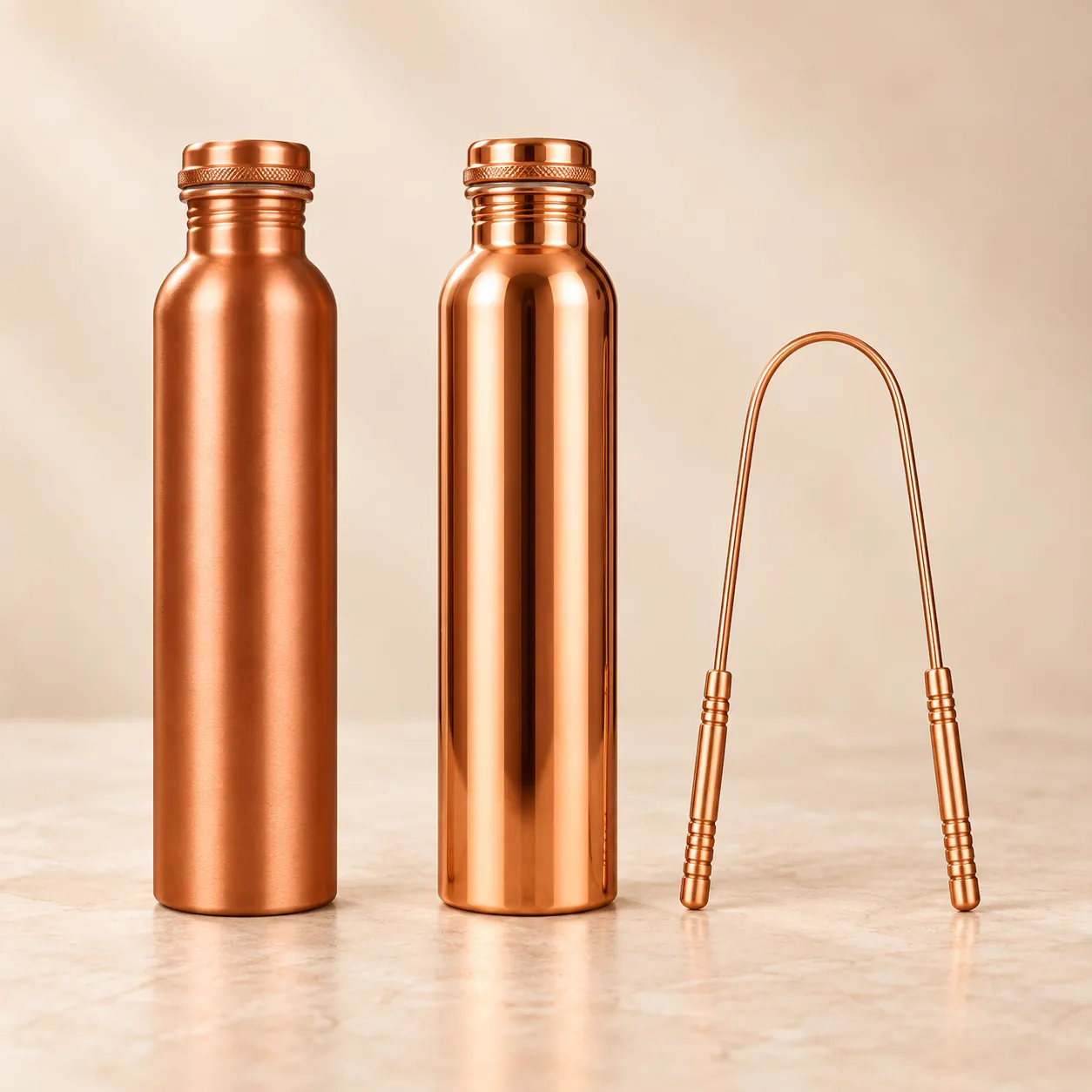 Ayurvedic Copper Wellness Kit — 2 Copper Water Bottles + Tongue Scraper — studio product photo